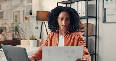 Business woman, documents or laptop with statistics for performance, analytics or review in office. Female person, employee or analyst with paperwork, graph or charts on computer for company progress