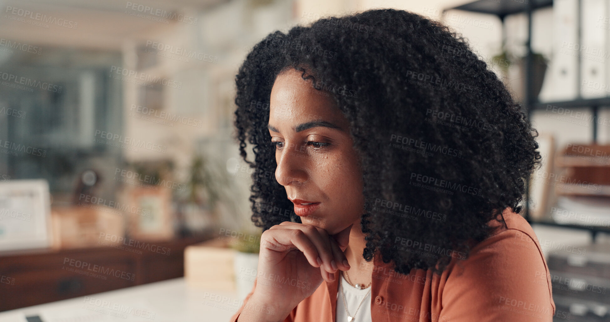 Buy stock photo Business woman, thinking or reading in office for research, analysis or problem solving for startup solution. Brainstorming, decision or person with ideas, inspiration or insight for creative review