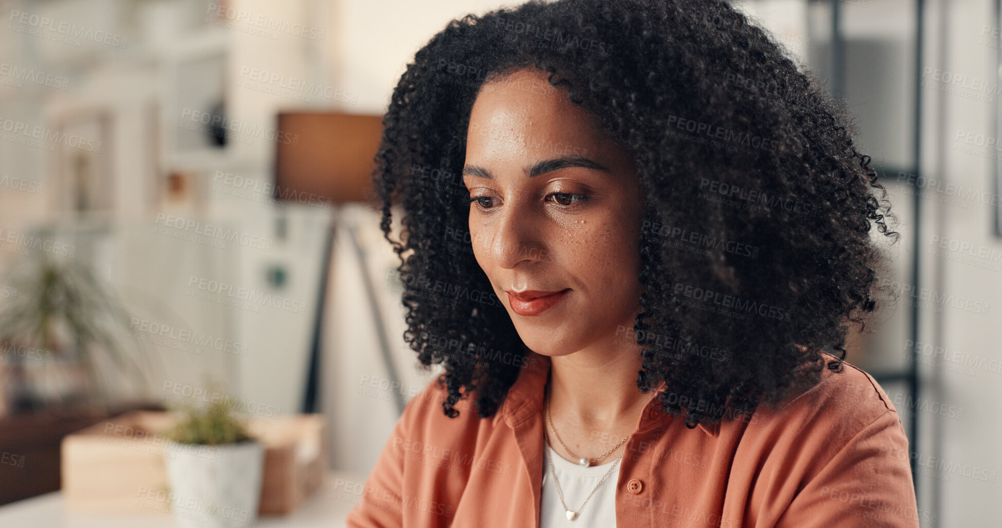 Buy stock photo Business woman, reading or research in office, analysis or problem solving for copywriting startup solution. Planning, information or proofreading with editor inspiration, insight or creative review