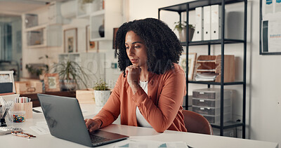 Buy stock photo Woman, laptop and thinking at startup for project, solution or insight for info at digital agency. Person, computer and perspective in office for decision, report or social media marketing at company