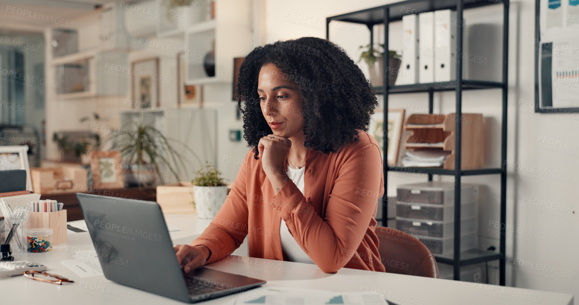 Buy stock photo Woman, laptop and thinking at startup for project, solution or insight for info at digital agency. Person, computer and perspective in office for decision, report or social media marketing at company