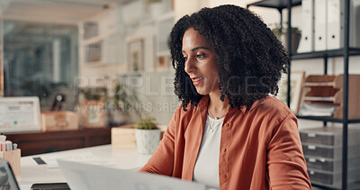 Buy stock photo Happy woman, documents and review at startup with stats, solution and laptop at digital agency. Person, smile and paperwork with insight, graphs and report for social media marketing at company