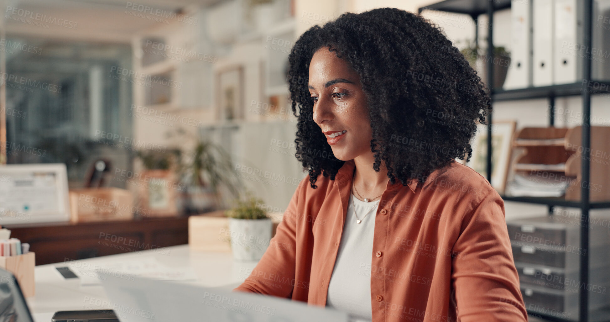 Buy stock photo Happy woman, documents and review at startup with stats, solution and laptop at digital agency. Person, smile and paperwork with insight, graphs and report for social media marketing at company