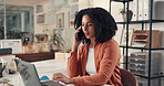 Accountant, laptop or phone call in office for finance, company update or communication. Business, African woman or tech in agency for financial planning, data analysis or contact with income report