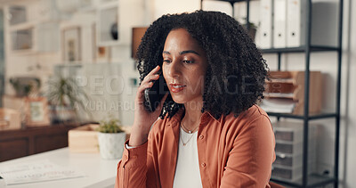 Buy stock photo Business woman, phone call and discussion in office for communication, contact or negotiation for deal. Female person, talking or mobile conversation for networking, professional chat or feedback