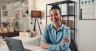 Buy stock photo Portrait, smile and woman in office with crossed arms, success and founder of marketing startup. Happy, pride and entrepreneur in workplace with tech, consumer and trend analysis for brand awareness.