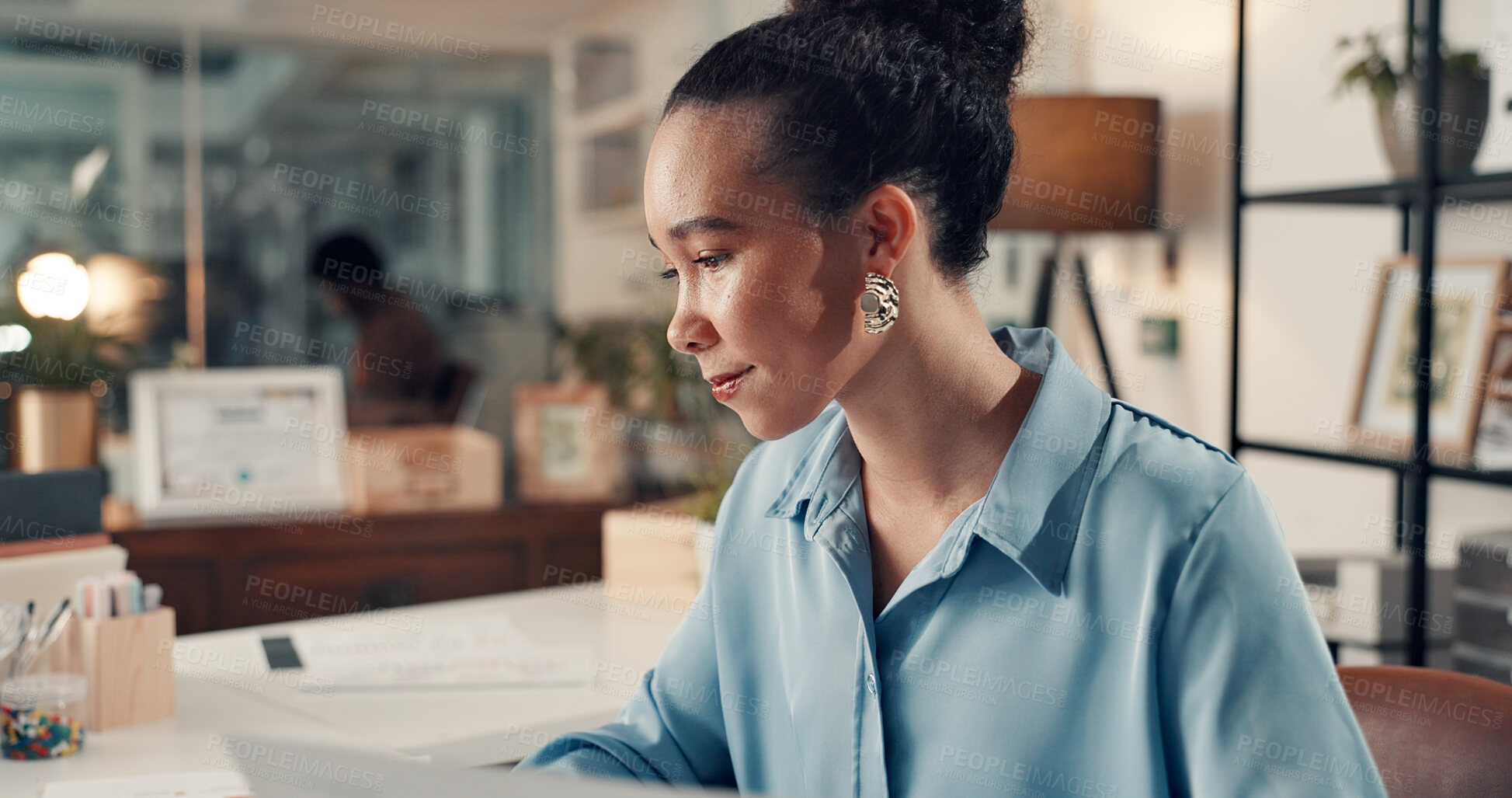 Buy stock photo Business woman, reading or research at night in office, analysis or problem solving for copywriting deadline. Planning, info or proofreading with editor working late for creative startup review