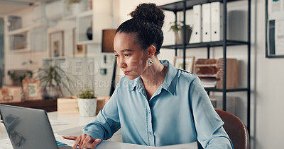 Buy stock photo Business woman, reading or research with laptop in office, info or data analysis for marketing campaign. Check, review or employee with tech for insights or multimedia project at creative startup