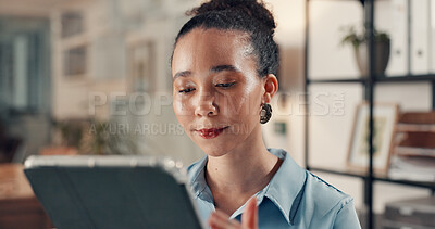 Buy stock photo Business, woman and research on tablet in office for app development, site test and information. Web designer, employee and digital tech at design agency for debugging, programming or software update