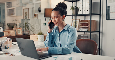 Buy stock photo Woman, laptop or phone call in office for finance, company update or communication. Business chart, accountant or tech in agency for financial planning, data analysis or discussion with income report