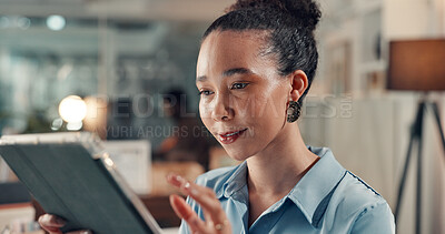 Buy stock photo Creative business, woman and scroll on tablet in office for app development, sample site test or night. Web designer, person or overtime with tech at agency for debugging, download or software update