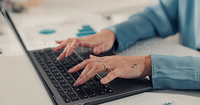 Buy stock photo Hands, creative and person with laptop in office for research, editor feedback and review article. Journalist, typing and pc for proofreading, copywriting report and information with news publication