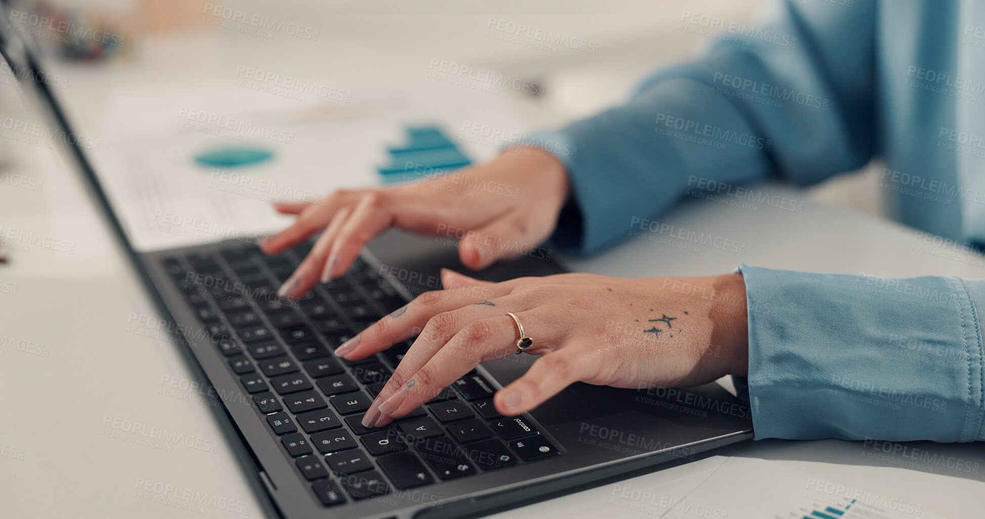 Buy stock photo Hands, creative and person with laptop in office for research, editor feedback and review article. Journalist, typing and pc for proofreading, copywriting report and information with news publication