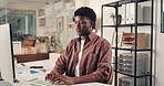 Computer, typing and black man in office for review, platform engagement and charts or graphs. Document, networking and paperwork with social media agent planning in workplace for traffic statistics