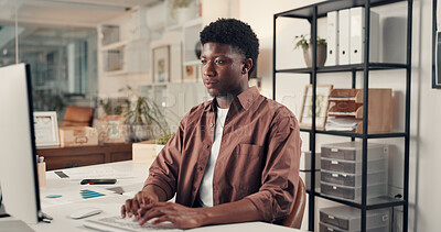 Buy stock photo Computer, typing and black man in office for review, platform engagement and charts or graphs. Document, networking and paperwork with social media agent planning in workplace for traffic statistics