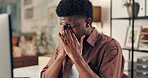 Frustrated man, headache and stress with pain for burnout, fatigue or mental health in office. Male person, anxiety or depression with pressure for mistake, fail or overworked strain in workplace
