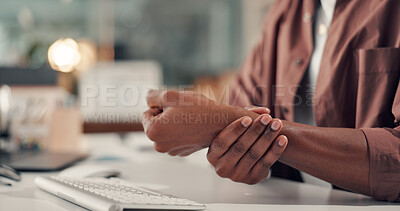 Buy stock photo Person, hands and night with wrist pain for injury, joint inflammation or arthritis in office desk. Closeup, employee or journalist with sore arm or carpal tunnel syndrome for ache or muscle tension