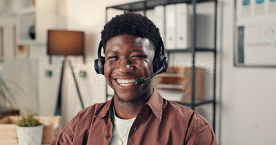 Buy stock photo Call center, black man and portrait of consultant at help desk, technical support or crm. Happy IT agent, headset and virtual advisor, customer service and African employee with confidence in office