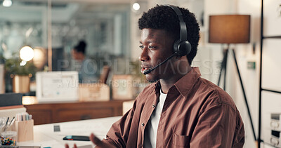 Buy stock photo Businessman, consultant and night with headset for customer service or online advice in office. Male person, agent or advisor working late with mic for virtual assistance, tech help or communication