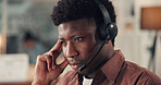 Businessman, headache and night with stress with headset for pressure, deadline or strain in office. Frustrated man, consultant or agent working late with anxiety or mic for fatigue in call center
