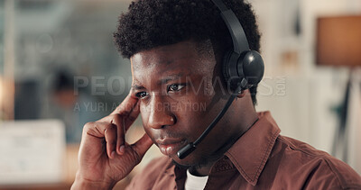 Buy stock photo Businessman, thinking and night with stress or headset for pressure, deadline or mistake in office. Thoughtful, man or consultant agent working late with mic for online problem solving in call center