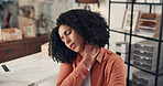 Business, neck pain and woman in office, tired and muscle tension with copywriting. Person, inflammation and journalist in workplace, stress and massage with joint injury, pressure and burnout