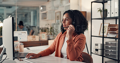 Buy stock photo Call center consultant, computer and woman at help desk for technical support, feedback or night. IT agent, headset and talk with tech for virtual advice, customer service or contact us on overtime