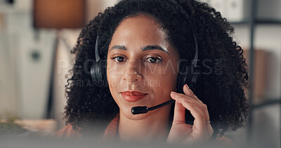 Buy stock photo Woman, consultant or night with headset for online advice or customer service in call center office. Female person, agent or working late with mic for virtual assistance or tech help in workplace