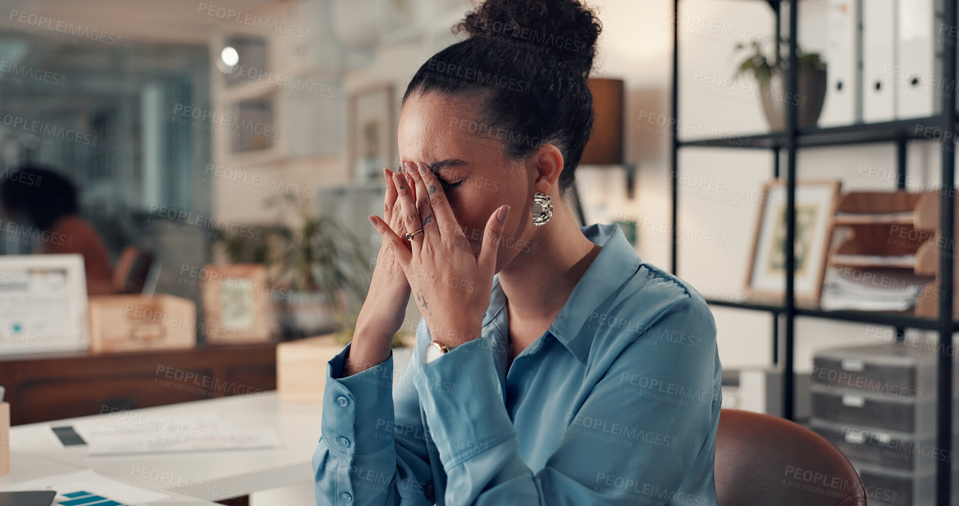 Buy stock photo Business woman, headache and night with stress for pressure, deadline or eye strain in office. Frustrated, female person or working late with anxiety or burnout for overworked or fatigue in workplace