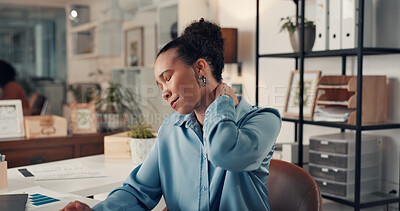 Buy stock photo Business, neck pain and woman in office, joint injury and muscle tension with financial agent Person, burnout and employee with stress, investor and massage with pressure, ache and inflammation