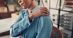 Business, shoulder pain and woman in office, burnout and muscle tension with copywriting. Person, employee and journalist in workplace, stress and massage with joint injury, pressure and inflammation