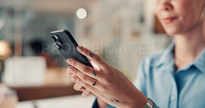 Buy stock photo Hands, mobile and business woman in office for compliance email, text message and bokeh. Consultant, phone and reading information in workplace for networking, policy review and notification app