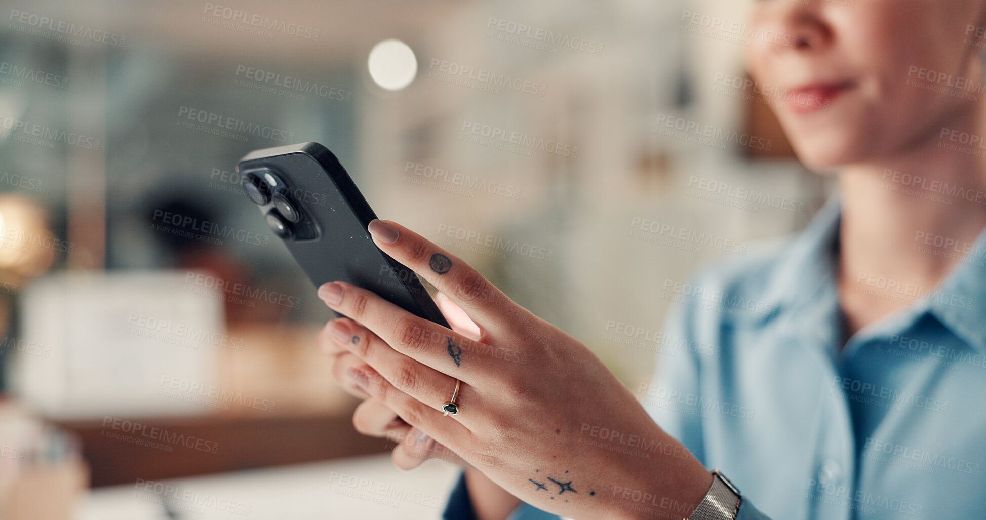 Buy stock photo Hands, mobile and business woman in office for compliance email, text message and bokeh. Consultant, phone and reading information in workplace for networking, policy review and notification app