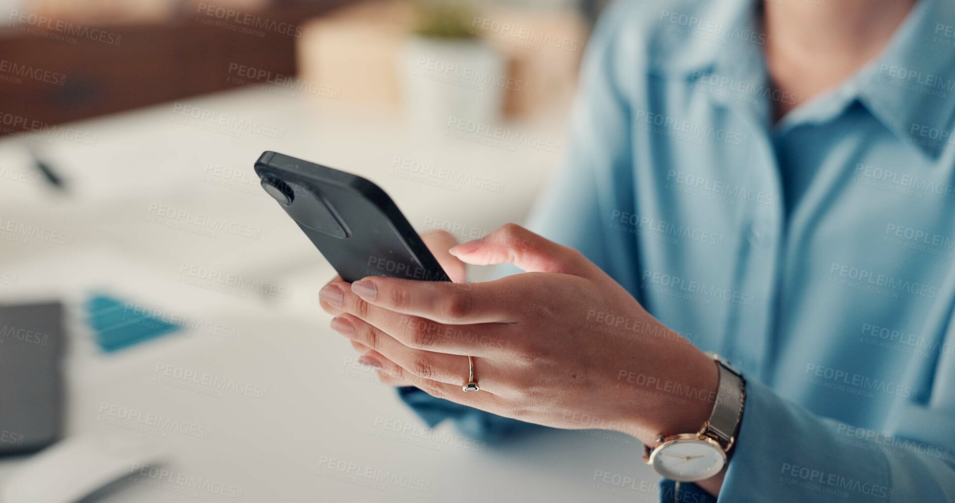 Buy stock photo Hands, mobile and business woman in workplace for investment email, text message and app. Consultant, phone and check information in office for networking, financial review and notification online