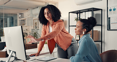 Buy stock photo Creative, women and teamwork with computer, office and working late with market research and online. People, brand manager and collaboration with tech for strategy, pointing and ad campaign at night