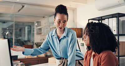 Buy stock photo Online, women and teamwork with computer, office or happy with market research, web or working late. People, brand manager and collaboration with tech for strategy, pointing and ad campaign at night