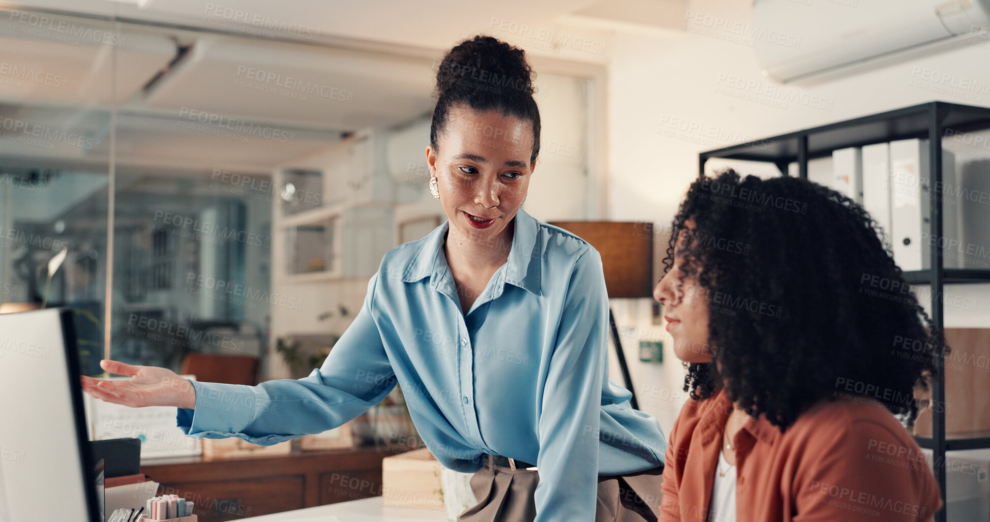 Buy stock photo Online, women and teamwork with computer, office or happy with market research, web or working late. People, brand manager and collaboration with tech for strategy, pointing and ad campaign at night