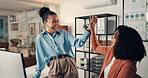 Women, high five and excited for goals at startup with success, deal or project funding at media company. People, team and celebration with smile, motivation and congratulations at creative agency