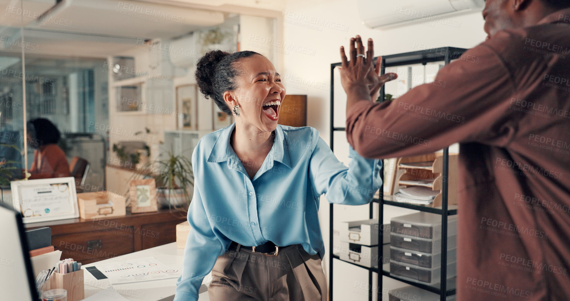 Buy stock photo Women, high five and team with celebration at startup with success, deal or project funding at media company. People, support and excited with smile, motivation and congratulations at creative agency