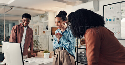 Buy stock photo Success, team and people in office with desktop, director feedback or pride for report. Smile, collaboration and marketing analyst in agency with tech, collective goal or research for consumer growth