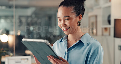 Buy stock photo Happy, woman and employee with tablet, office or browsing web for digital marketing or working late. Business, social media manager and research with tech, night and person with project and campaign