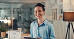 Portrait, woman and employee with tablet, office and happy for digital marketing at night or online. Business, social media manager and research with tech, working late and person with project on web