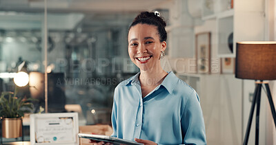 Buy stock photo Portrait, woman and employee with tablet, office and happy for digital marketing at night or online. Business, social media manager and research with tech, working late and person with project on web