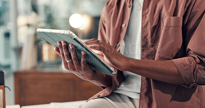 Buy stock photo Hands, tablet and person with reading in office, scroll for research or info for marketing campaign. Bokeh, review or worker with tech to check online traffic, multimedia project or creative startup