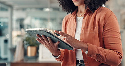 Buy stock photo Typing, employee and hands with tablet, office and digital marketing on website, online and project. Business, social media manager and research with tech, person and planning for ad campaign on app