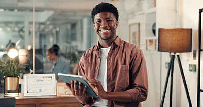 Buy stock photo Business man, portrait and tablet in office, info or research for marketing campaign at night. Happy, review or male person with tech for online traffic or multimedia project at creative startup