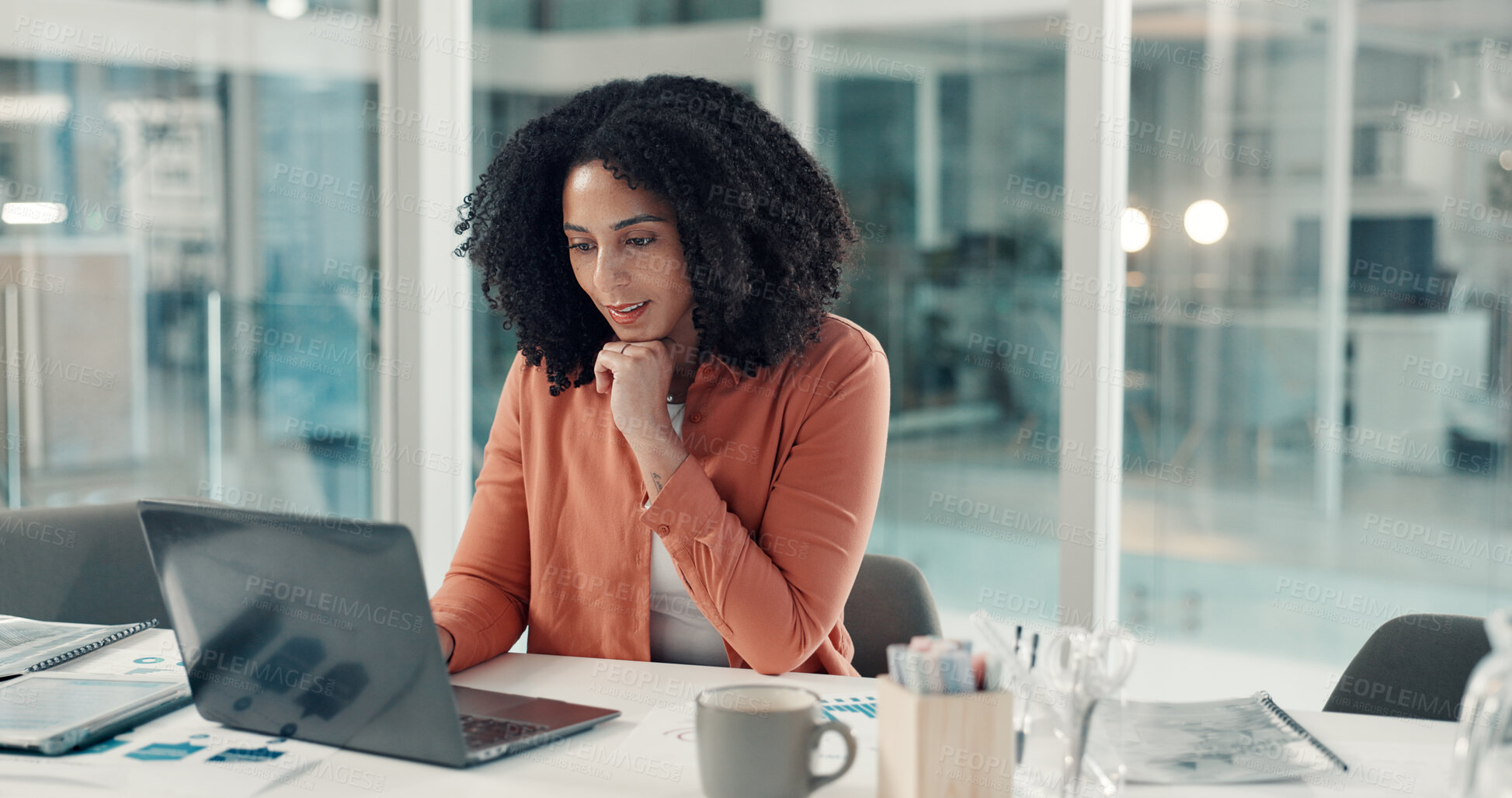 Buy stock photo Woman, laptop and thinking at startup with review, solution or insight for info at digital agency. Person, computer and project with decision, graphs and report for social media marketing at company