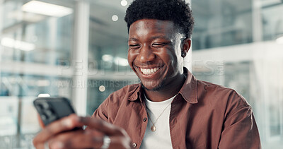 Buy stock photo Phone, happy and black man in office with networking, communication or contact on mobile app. Smile, technology and African male creative director with chatting online with cellphone in workplace.