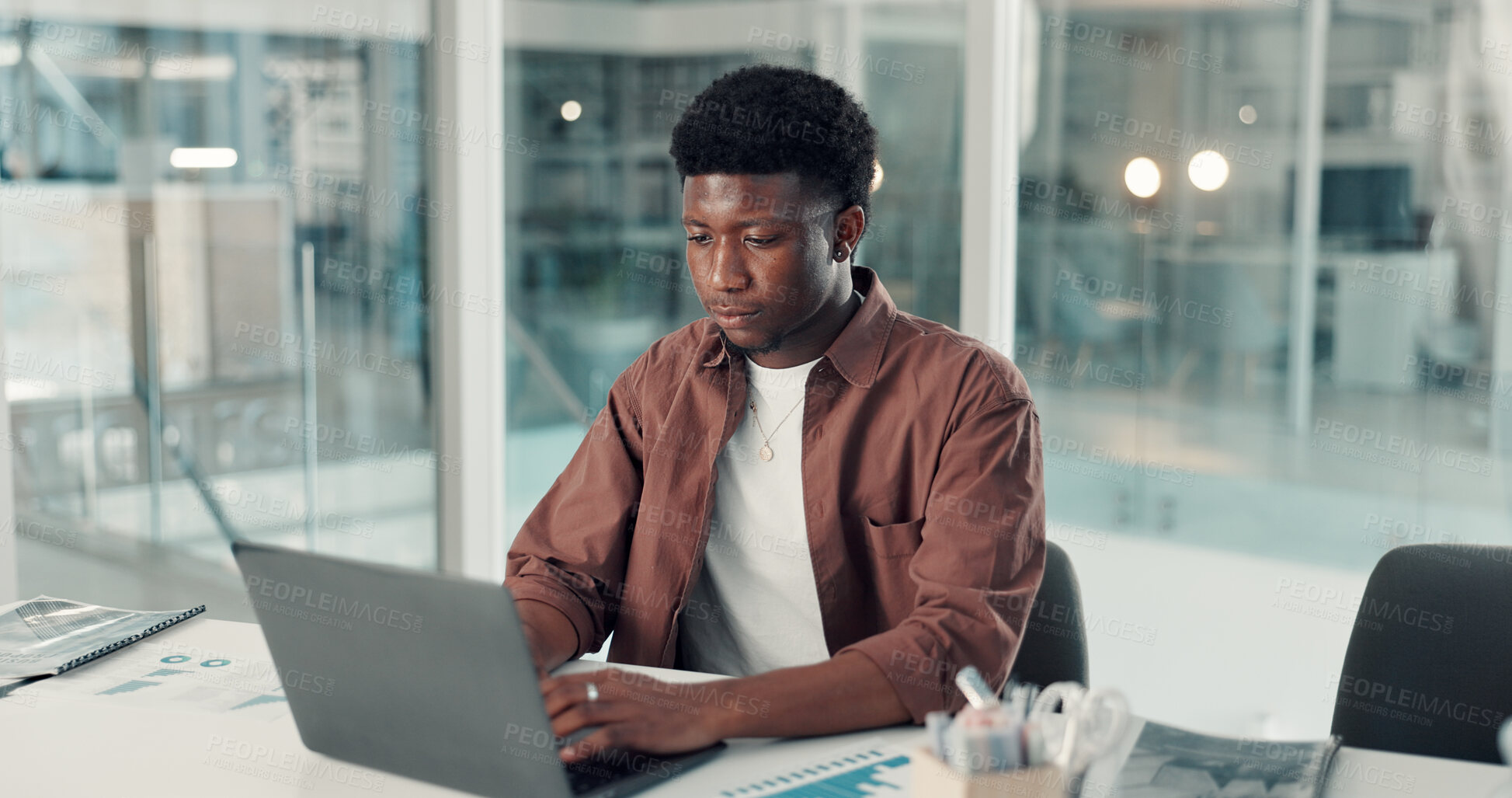 Buy stock photo Laptop, typing and planning with business black man in office for sales projections, research and night. Revenue forecast analysis, overtime and graph review with person for bokeh and project