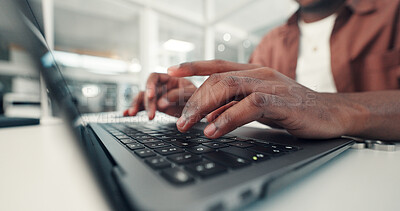 Buy stock photo Hands, business man or editing on keyboard for draft report, research info or fact checking story. Typing articles, content writing or journalist with technology, review or proofreading for agency